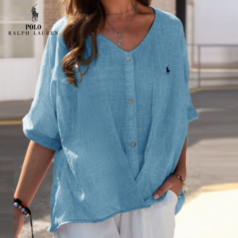 RL Women’s Linen V-Neck Ruffle Shirt