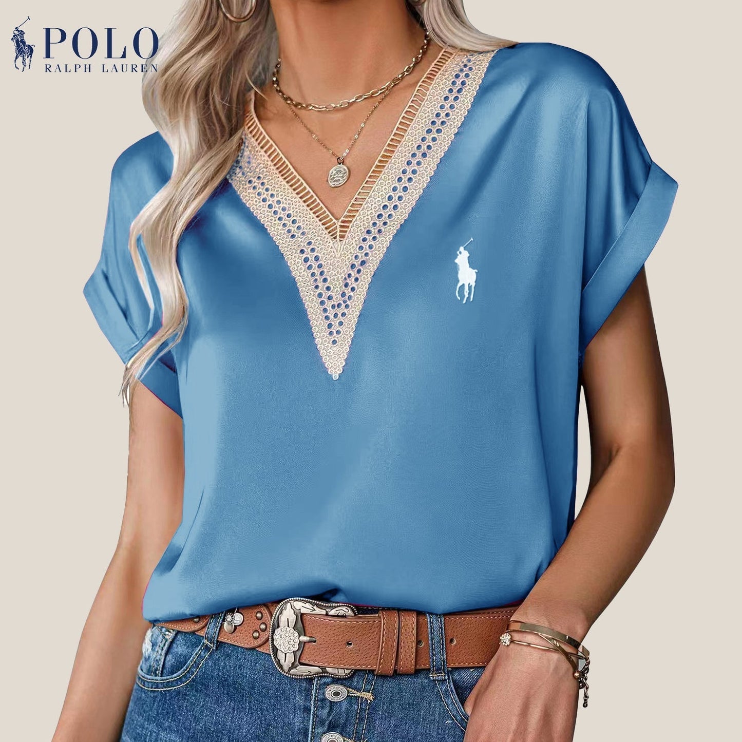 RL Satin Lace V-Neck Blouse