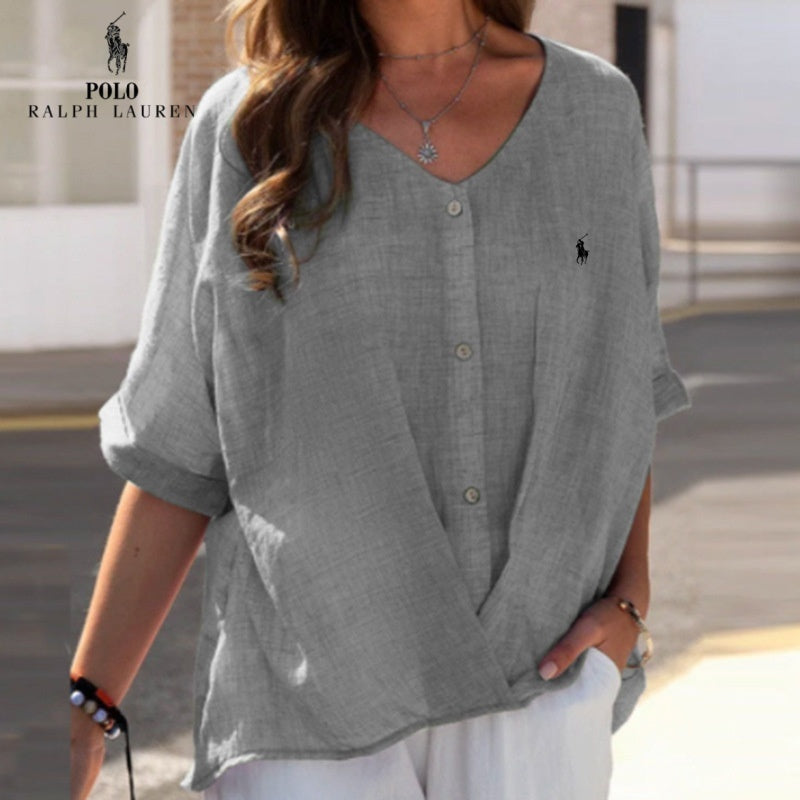 RL Women’s Linen V-Neck Ruffle Shirt