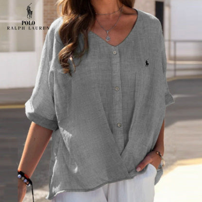 RL Women’s Linen V-Neck Ruffle Shirt